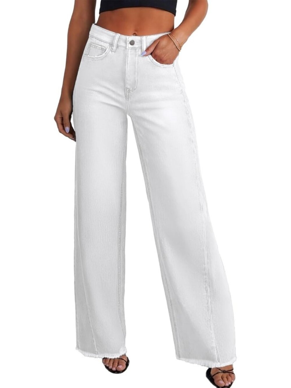 Women's White Cotton Blend High Waisted Stretchy Trendy Denim Wide Leg Pant